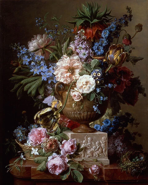 Still Life with Flowers in a Stone Vase on a Pedestal (oil on canvas)