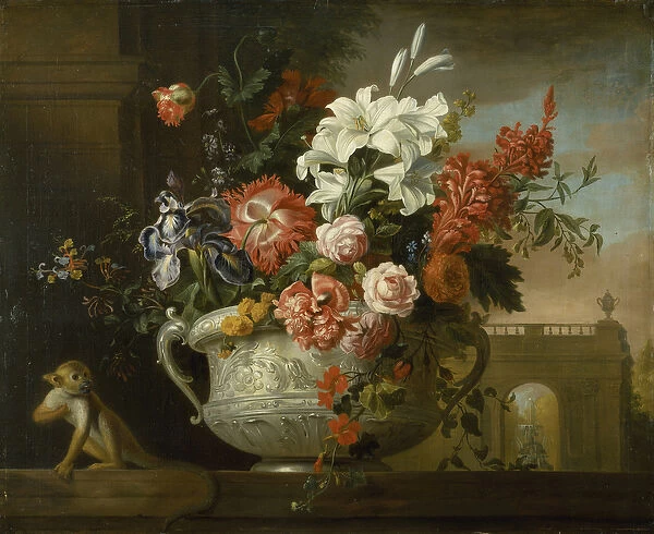 Still life with flowers in an urn, with a monkey, on a ledge, c. 1699 (oil on canvas)