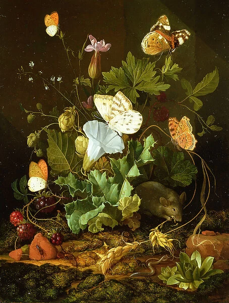 Still Life of a Forest Floor with Flowers, a Mouse and Butterflies (oil on panel)