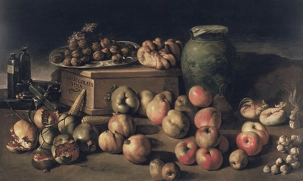 Still life with fruit and a box of fine chocolate (oil on canvas)