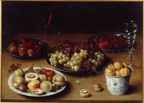 Still life of fruit and glass A table covered with plums, apricots, peaches, pears