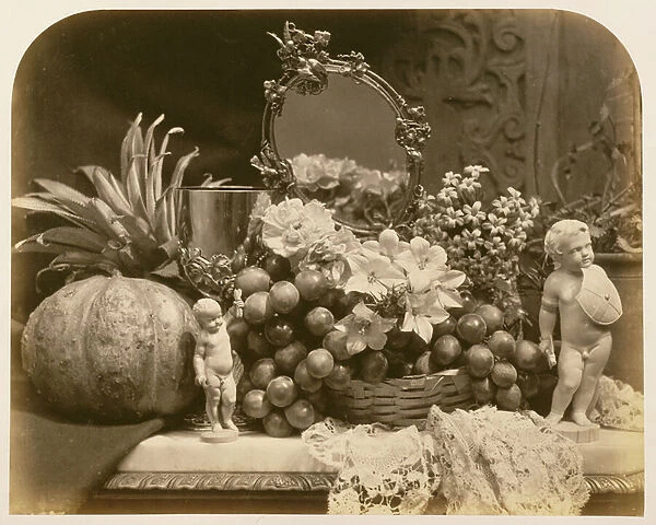 Still Life of Fruit with Mirror and Figurines, 1860 (sepia photo)