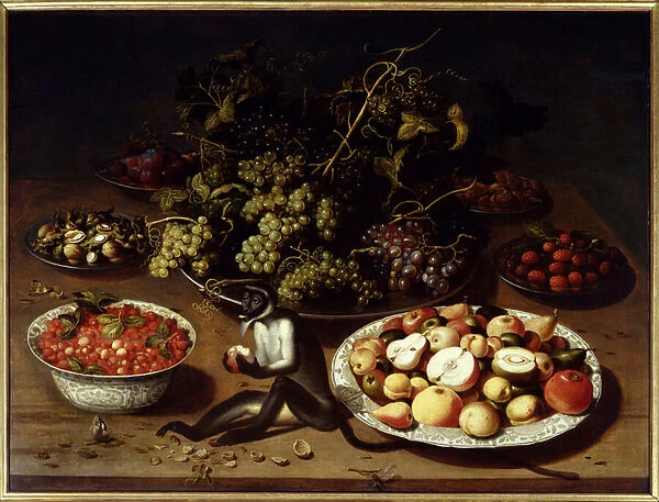 Still life of fruit with monkey and butterflies. Painting by Osias I Beert (1570-1624) Ec