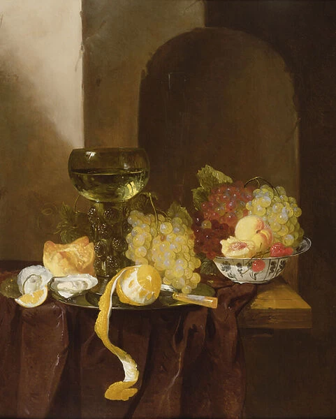 A Still Life with Fruit, a Peeled Lemon and a Roemer on a Ledge