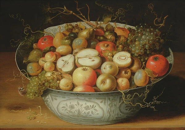 Still Life of Fruit in a Porcelain Bowl (oil on panel)