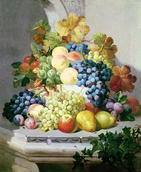 Still life with grapes and pears (oil on board)