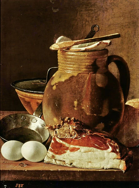 Still Life with ham, eggs, bread, frying pan and pitcher (oil on canvas)