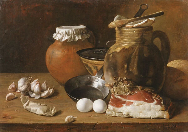 A still life of ham and eggs (oil on canvas)