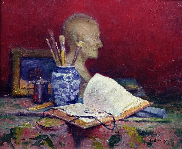 Still Life with Head of Voltaire (oil on canvas)