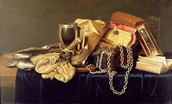 Still Life of a Jewellery Casket, Books and Oysters (oil on panel)
