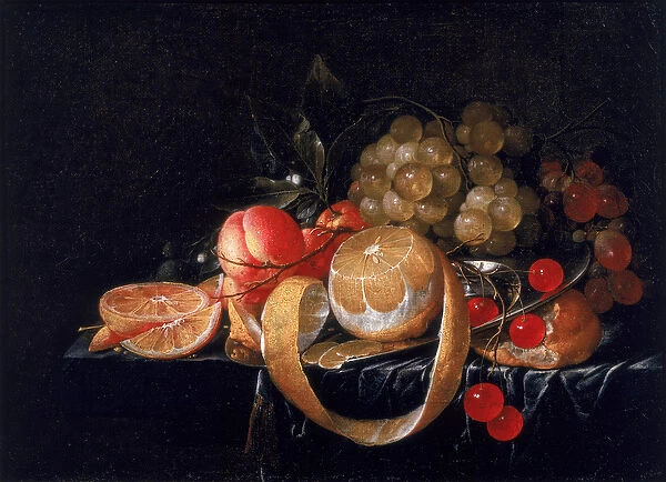 A Still Life with a lemon, grapes, cherries and apricots on a pewter plate (oil on canvas