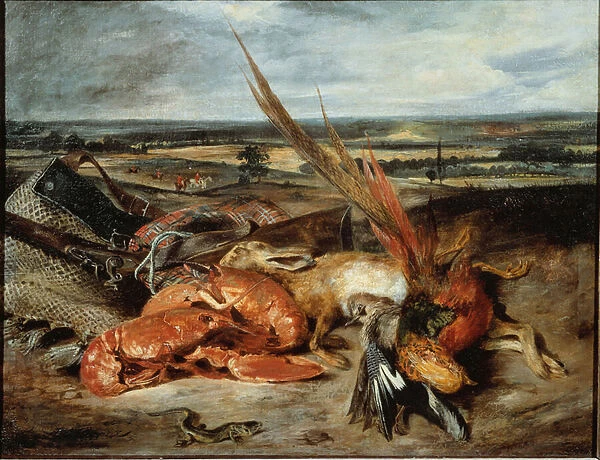Still life with lobster and trophies of hunting and fishing - oil on canvas, 1827