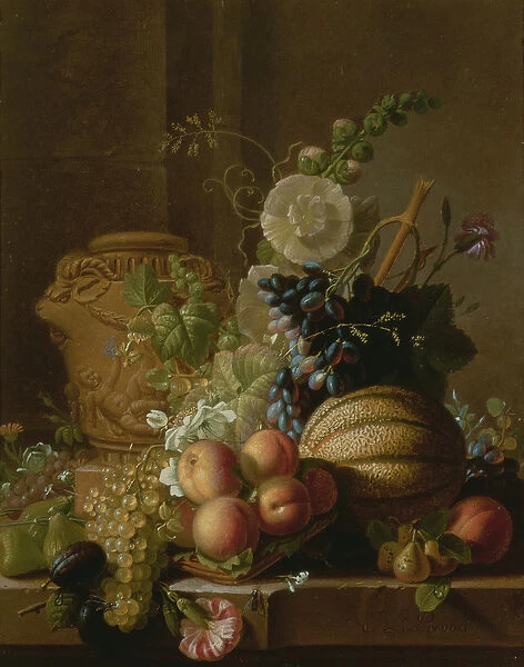 A Still Life of a Melon, Peaches, Figs, Plums, Grapes and Other Fruit on a Marble Ledge