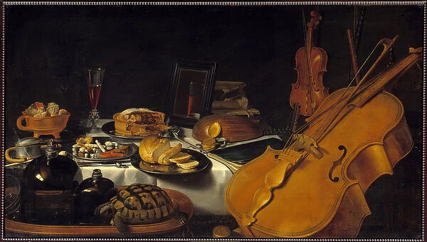 Still life with musical instruments A turtle, a pie, a glass of wine, bread