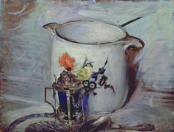 Still life with mustard pot and pitcher (oil on canvas)