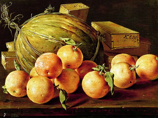 Still Life of Oranges, Melons and Boxes of Sweets (oil on canvas)