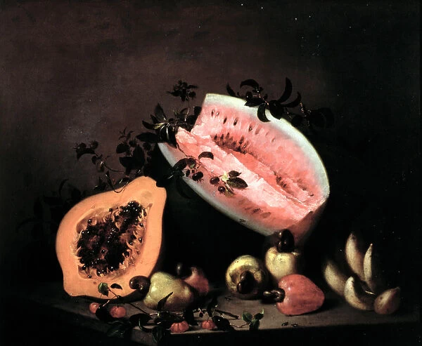 Still life of Papaya, Watermelon and Cashew (oil on canvas)