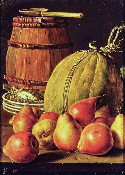 Still Life with pears, melon and barrel for marinading (oil on canvas)