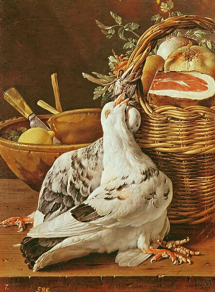 Still Life with pigeons, wicker basket, ham, onions and a lemon (oil on canvas)