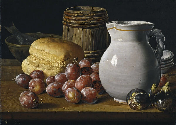 Still life with plums, figs, bread and jug par Melendez, Luis Egidio (1716-1780)