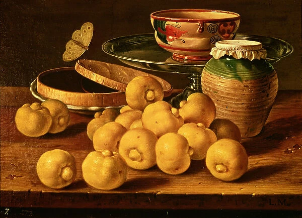 Still life with quinces, a silver fruit dish, bowls. a box for sweets and a butterfly