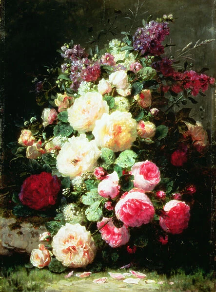 Still Life with Roses on a Mossy Bank (oil on panel)