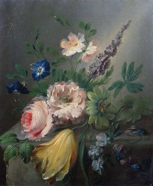 Still life of roses, passion flowers, a tulip and other flowers on a stone ledge