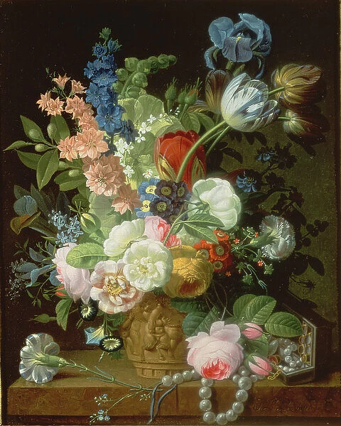 A Still Life of Roses, Tulips, Carnations, Stocks and Other Flowers in a Decorative Urn
