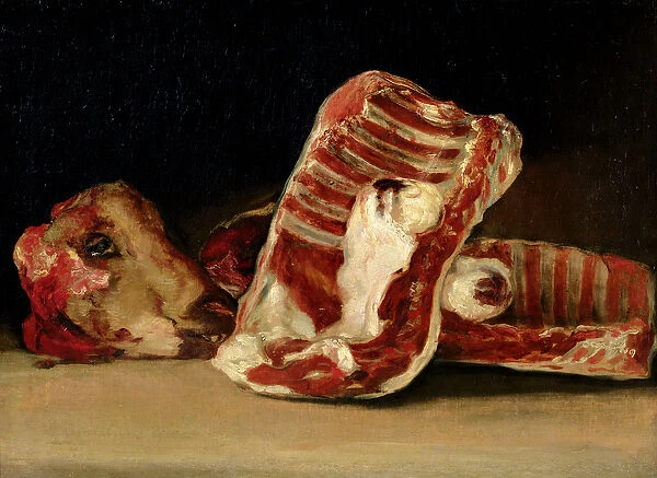 Still life of Sheeps Ribs and Head - The Butchers counter (oil on canvas)