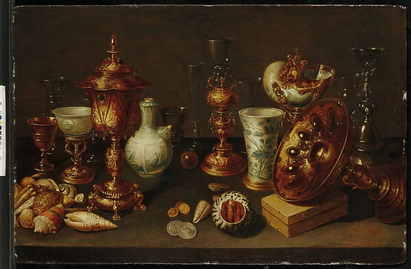 Still life with shells, with nautilus, vases, glasses and coral branches (oil on panel)