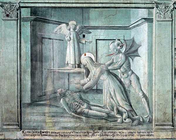 Life of St Francesca Romana : the saint stumbles on a corpse brought by devils (fresco, 1450-1500)