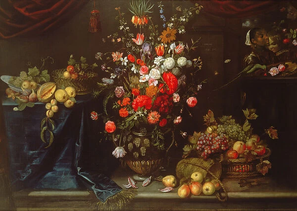 A still life of summer flowers in a sculpted urn (oil on canvas)