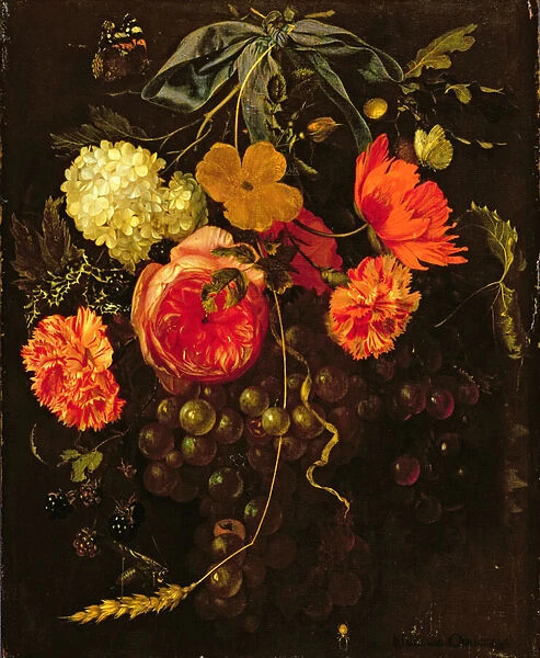 Still Life with a Swag of Fruits and Flowers Tied with a Blue Ribbon