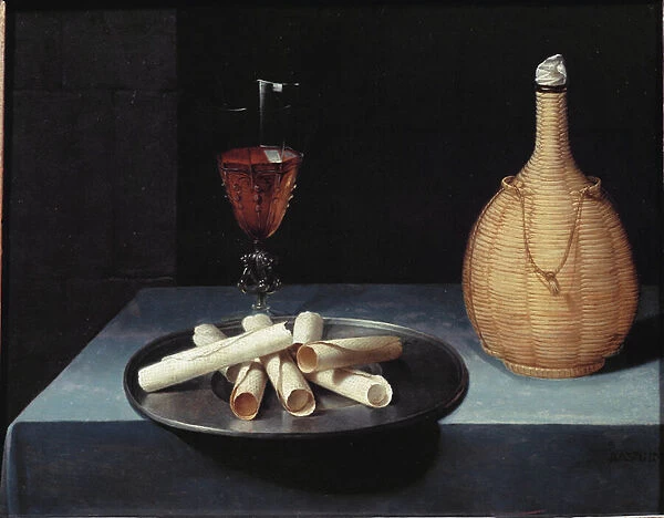 The still life wafer dessert of biscuits, wine bottle and glass - oil on canvas
