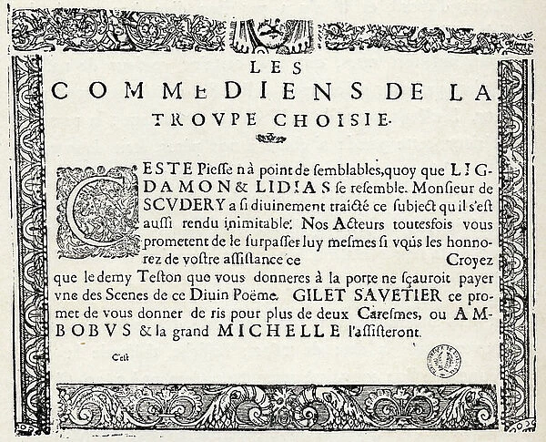 Ligdamon and Lidias, theater play by Monsieur de Scudery, 1630 (poster)