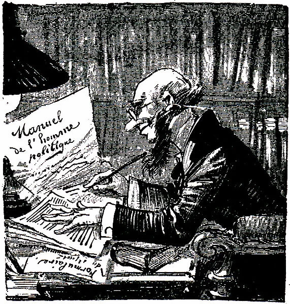 A light of political science: state official copying the manual of the politician - Drawing (caricature) by Albert Robida (1848-1926) in his book ' Le vingtieme century' (20th century) edition Decaux 1884 - politician - elected