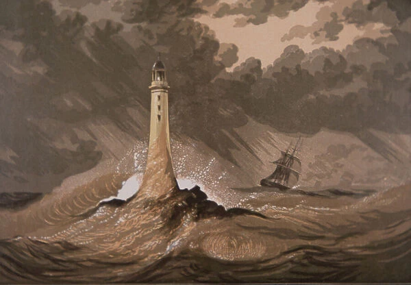 Lighthouse warns ships of rocks in storm at sea (colour litho)