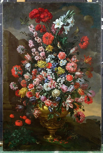 Lilies, Tulips, Carnations, Peonies, Convolvuli and Other Flowers in a Bronze Urn with