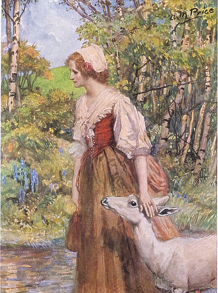 The Lily-white Doe leaped up and laid her head in the Maidens hand, illustration from The Childrens Tennyson: Stories in Prose and Verse from Alfred Lord Tennyson by May Byron, 1910 (colour litho)