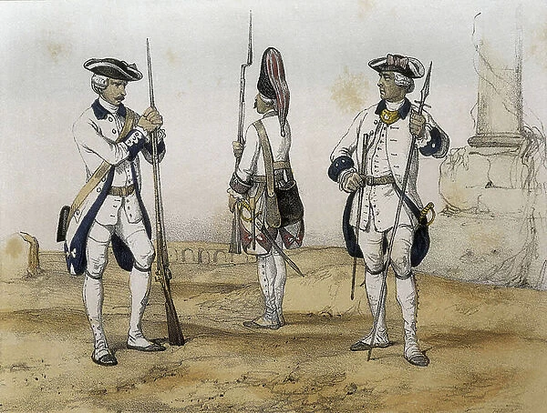 Line Infantrymen during the reign of Charles III of Spain, 19th century (lithograph)