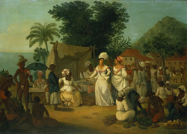 A linen market with a linen stall and a vegetable seller in a Colonial settlement