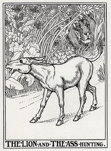 The Lion and the Butt Hunting - The Lion and the Asset Hunting (Recueil 1, Book 2, fable 19) - engraving from 'A Hundred Fables of La Fontaine'Illustrated by Percy J. Billinghurst (1871-1933) - 1899