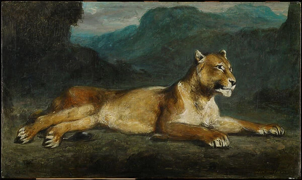 Lioness reclining, c. 1855 (oil on panel)