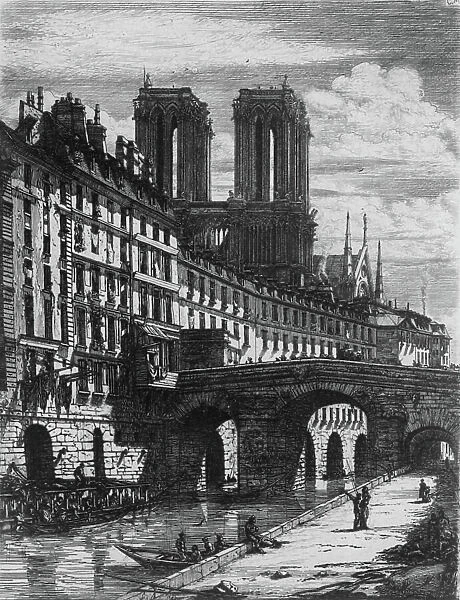 The Little Bridge on the Hotel-Dieu, 1850 (print) (b / w photo)