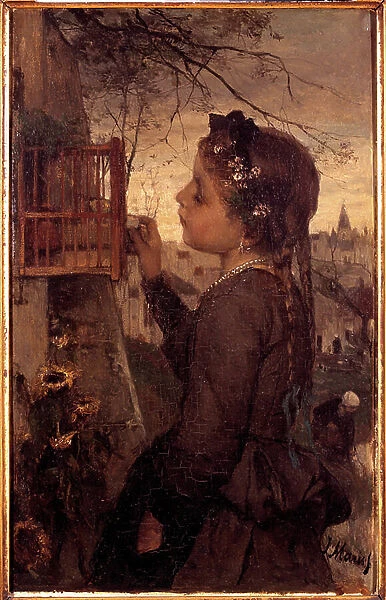Little girl feeding a bird in a cage, 19th century (oil on canvas)