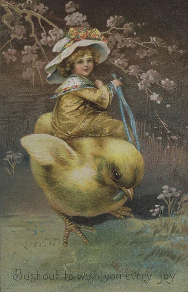 Little girl riding a chick (chromolitho)