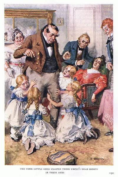 The four little girls clasped their uncles drab shorts with their arms (colour litho
