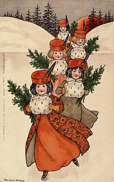 Five Little Girls with Muffs (colour litho)