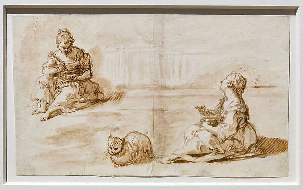 Two little girls sitting on the ground and a cat, 1706-25 (pens, inks, w  /  c, red & black pencils on white paper)