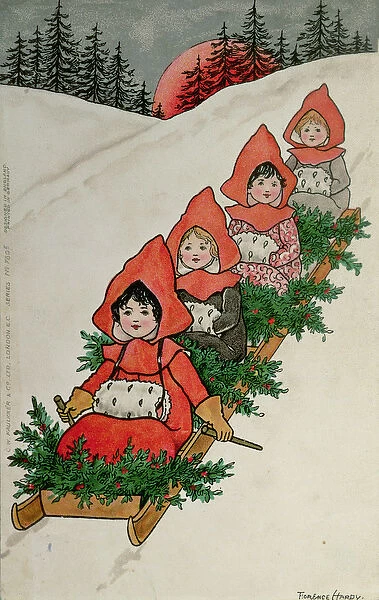 Four Little Girls on a Sledge (colour lithograph)